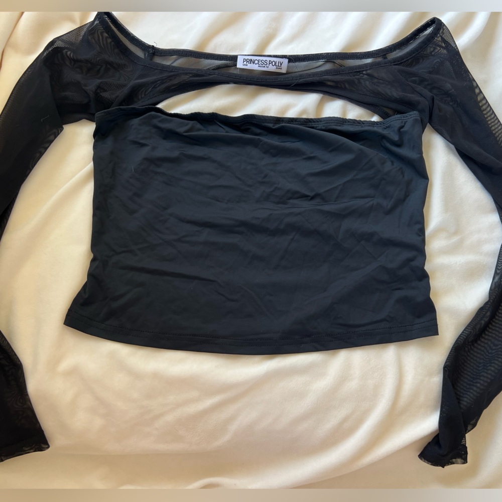 Princess Polly Black Mesh Long Sleeve Crop Top with Bandeau